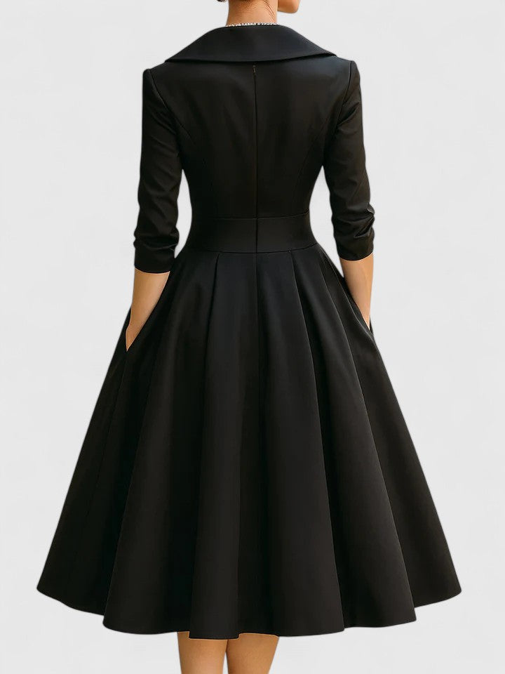 Rosalinde Chantecourt | Black A-Line Midi Dress with 3/4 Sleeves