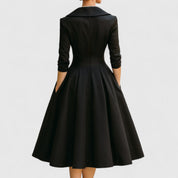 Margolaine Sinclair | Navy Blue A-Line Satin Midi Dress with 3/4 Sleeves