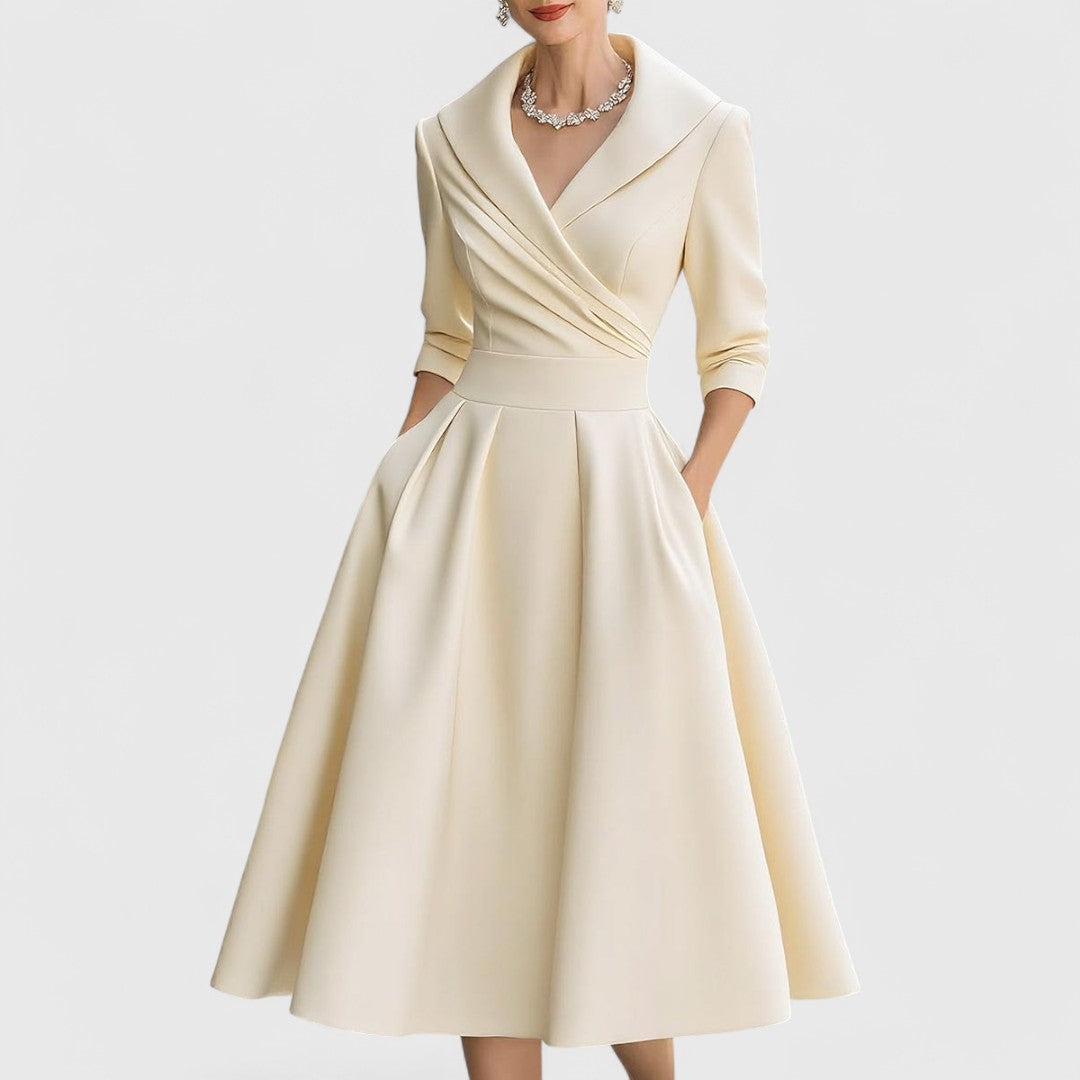 Margolaine Sinclair | Navy Blue A-Line Satin Midi Dress with 3/4 Sleeves
