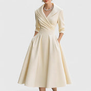Margolaine Sinclair | Navy Blue A-Line Satin Midi Dress with 3/4 Sleeves