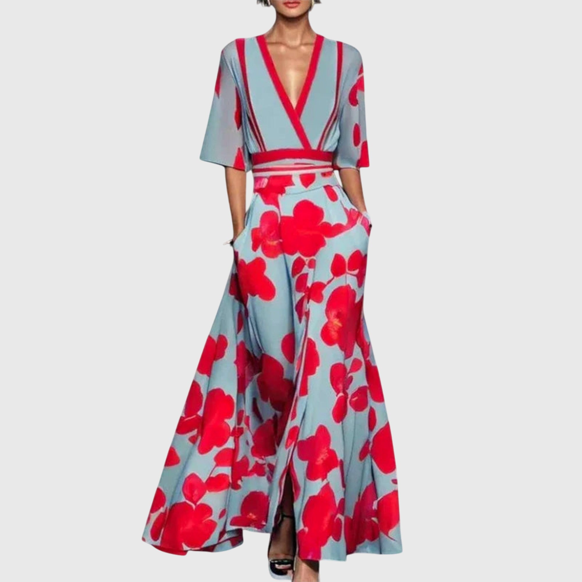 Genevieve Rosafort | Floral Maxi Wrap Dress in Red & Blue