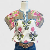 Céline Montford | Floral Patchwork Boho Blouse with Puff Sleeves