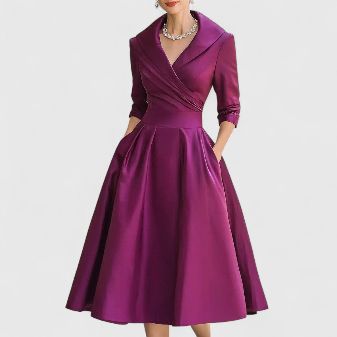 Margolaine Sinclair | Navy Blue A-Line Satin Midi Dress with 3/4 Sleeves