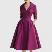 Margolaine Sinclair | Navy Blue A-Line Satin Midi Dress with 3/4 Sleeves