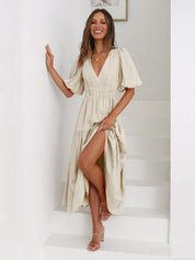 Genevra Saintbourne | Black V-Neck Puff Sleeve Midi Dress with Smocked Waist