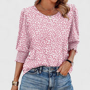 Corinthia Velbray | White Smocked Cuff 3/4 Sleeve Crew Neck Top