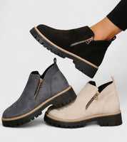Elaine Fontverde | Black Suede Ankle Boots with Gold Zip