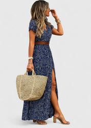 Ottavia Fonteneau | Navy Blue Boho Print Maxi Dress with Cap Sleeves