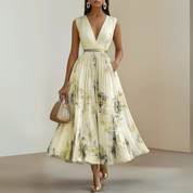 Séraphine Montclaire | Flowy Sleeveless Floral Midi Dress with V-Neck