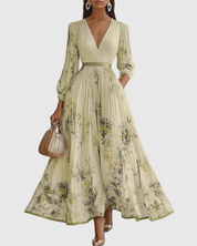 Édith Ravencombe | Floral Pleated Midi Dress with Deep V-Neck
