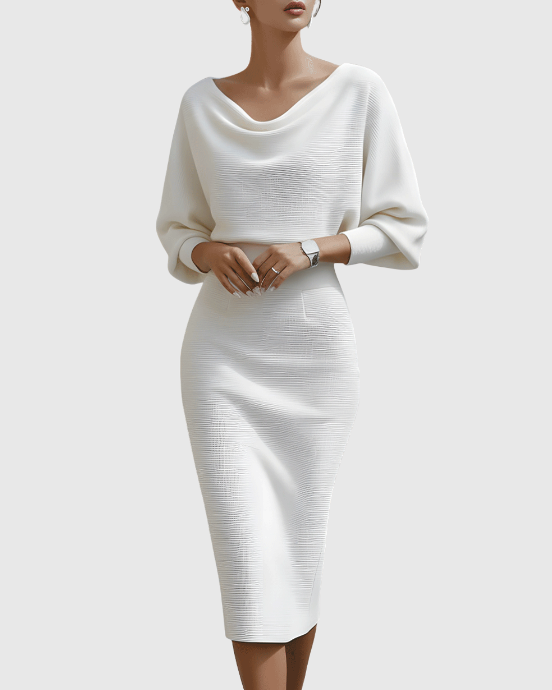 Elaine Fontcourt | Black Ribbed Cowl Neck Batwing Midi Dress