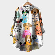 Lisette Fontvielle | Purple Cartoon Dog Print Linen Blouse