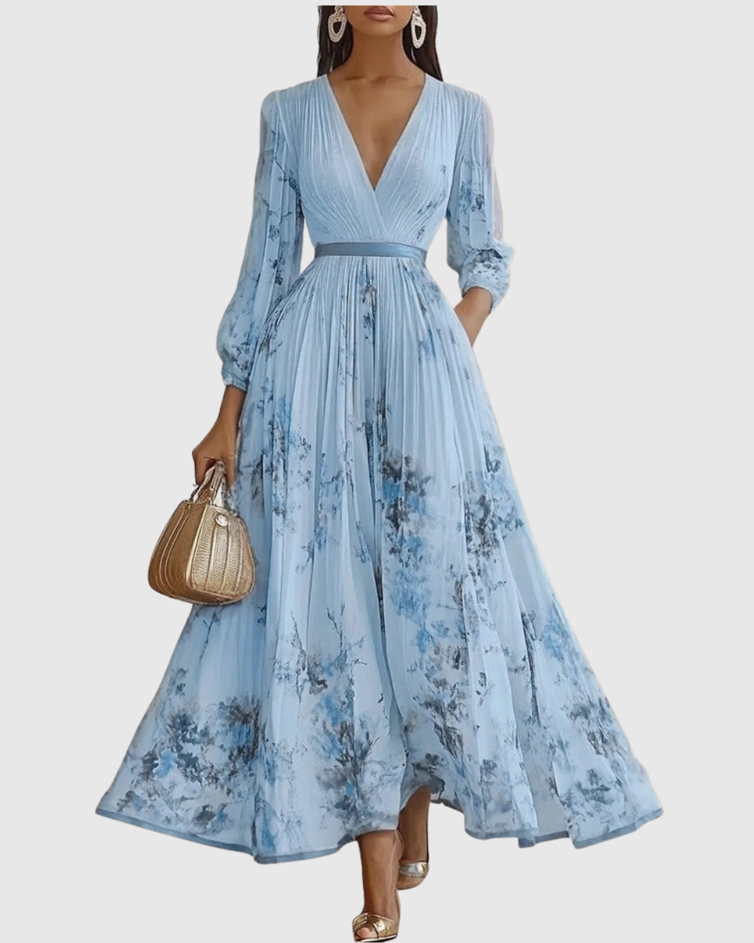 Édith Ravencombe | Floral Pleated Midi Dress with Deep V-Neck