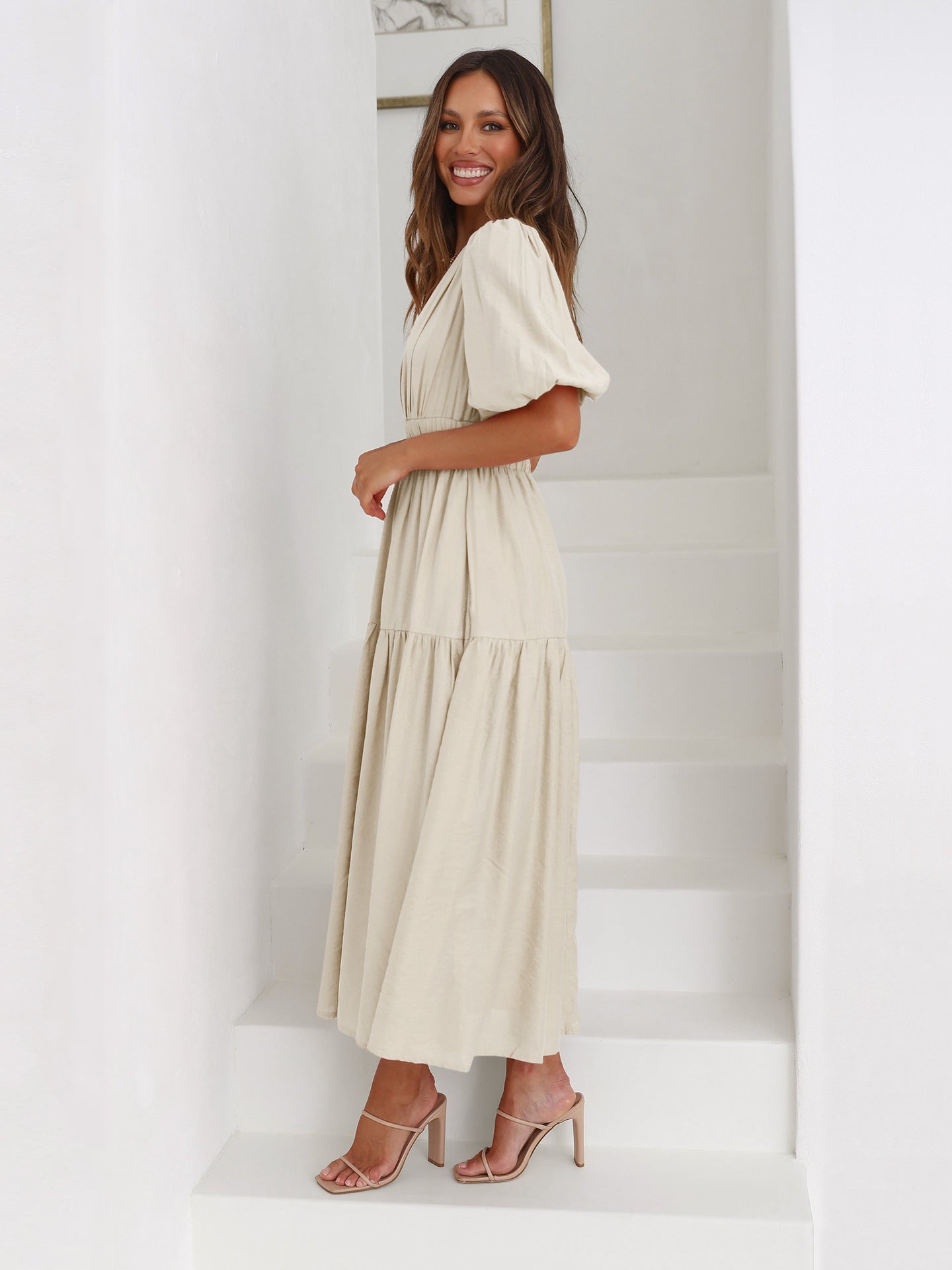 Genevra Saintbourne | Black V-Neck Puff Sleeve Midi Dress with Smocked Waist