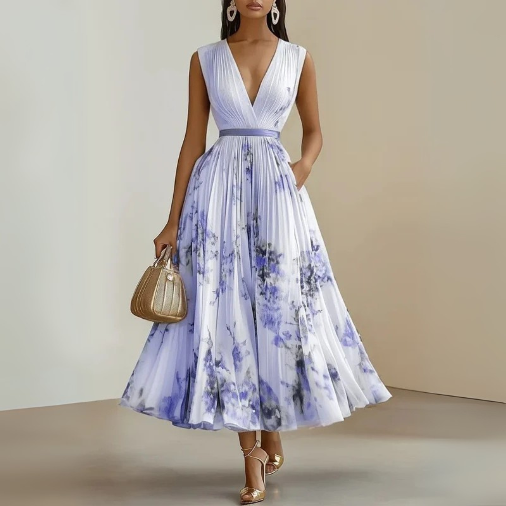 Séraphine Montclaire | Flowy Sleeveless Floral Midi Dress with V-Neck