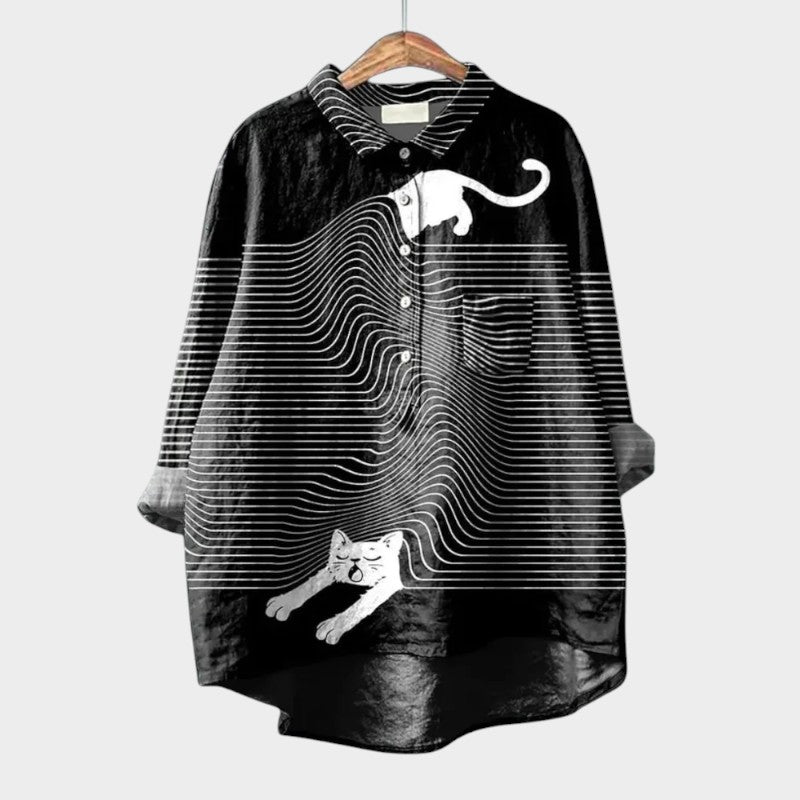 Lisette Fontvielle | Purple Cartoon Dog Print Linen Blouse