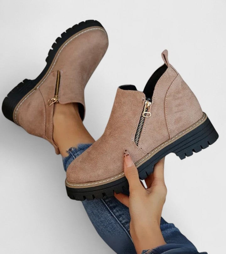 Elaine Fontverde | Black Suede Ankle Boots with Gold Zip
