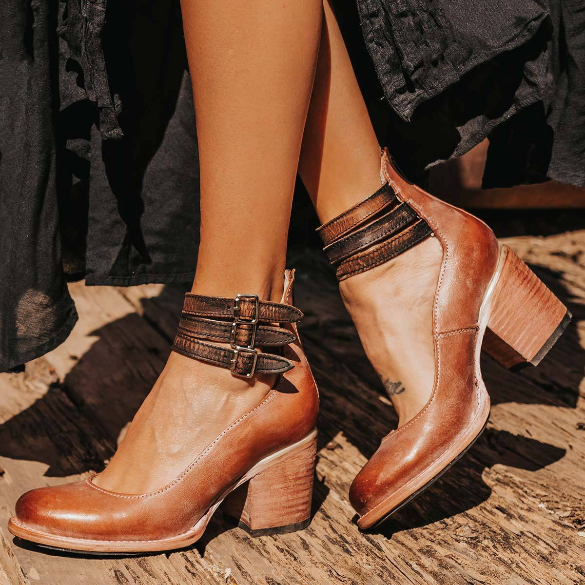 Eleanora Vosswick | Tan Leather Block Heel Ankle Boot with Double Buckle Straps