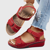 Margaux Ellison | Red Orthopedic Wedge Sandals with Hook-and-Loop Strap