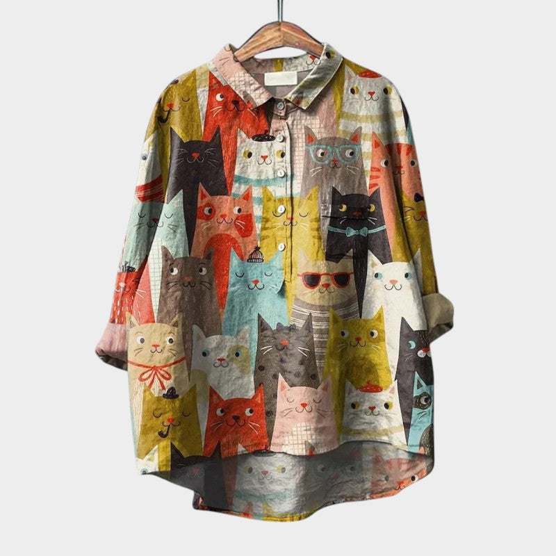Lisette Fontvielle | Purple Cartoon Dog Print Linen Blouse
