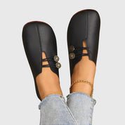 Eleonora Ravensfield | Vintage Brown Suede Slip-On Flats with Button Detail