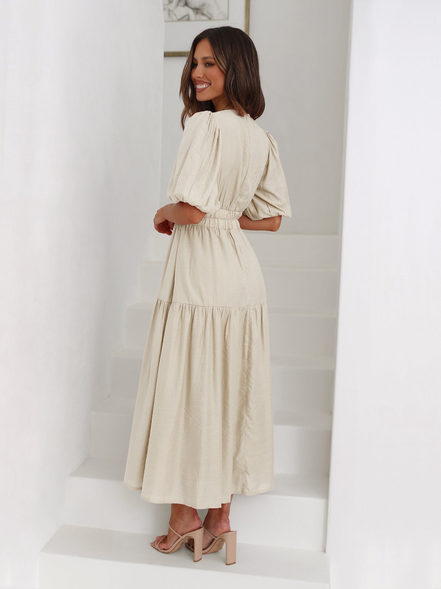 Genevra Saintbourne | Black V-Neck Puff Sleeve Midi Dress with Smocked Waist