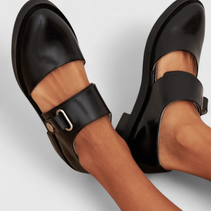 Evangeline Whitfield | Black Mary Jane Flat Shoes with Ankle Strap