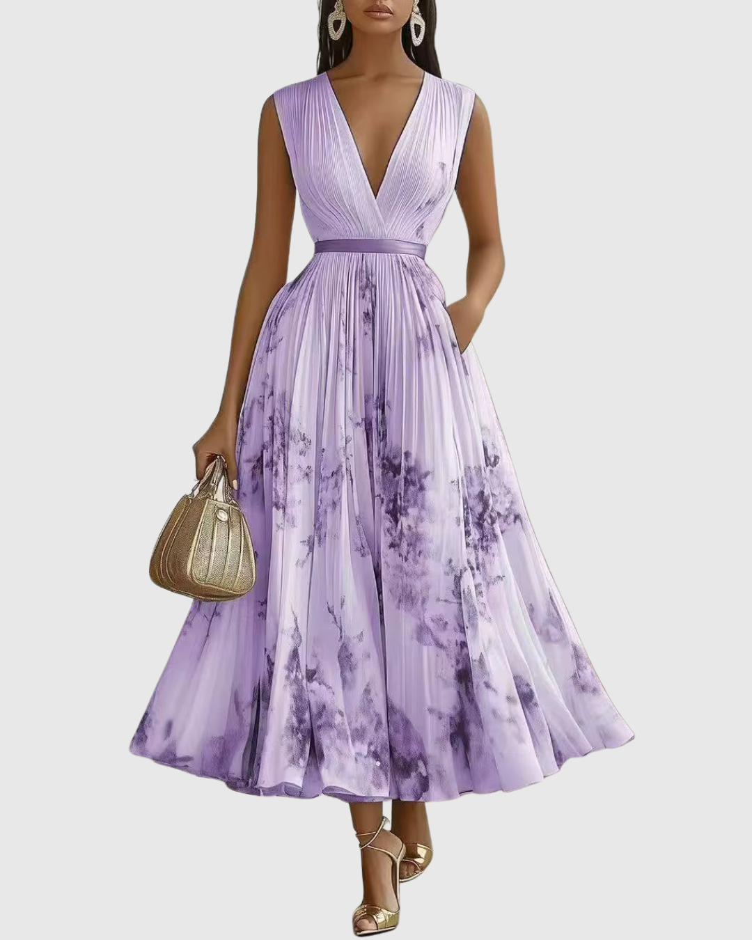 Édith Ravencombe | Floral Pleated Midi Dress with Deep V-Neck