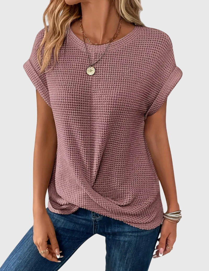 Théodora Winslow | Rust Orange Waffle Knit Crew Neck Top