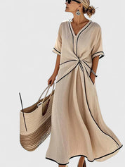 Margaux Saintclaire | Beige V-Neck Twist Waist Maxi Dress