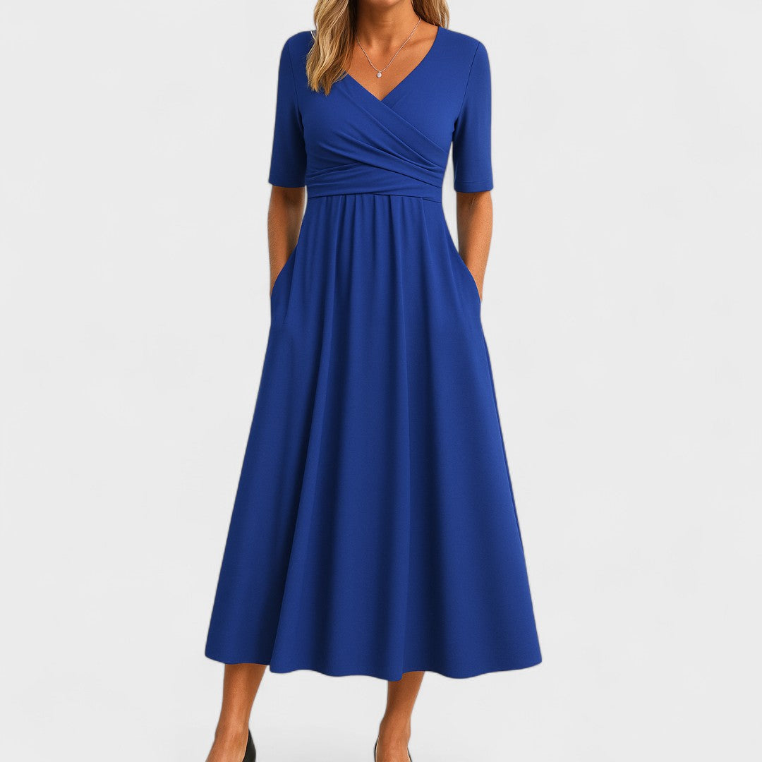 Francine Delvaux | Grey V-Neck Midi Dress with Pockets