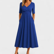 Francine Delvaux | Grey V-Neck Midi Dress with Pockets