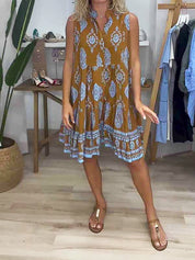 Seraphine Caldwell | Boho Print Mustard Sleeveless Tiered Mini Dress