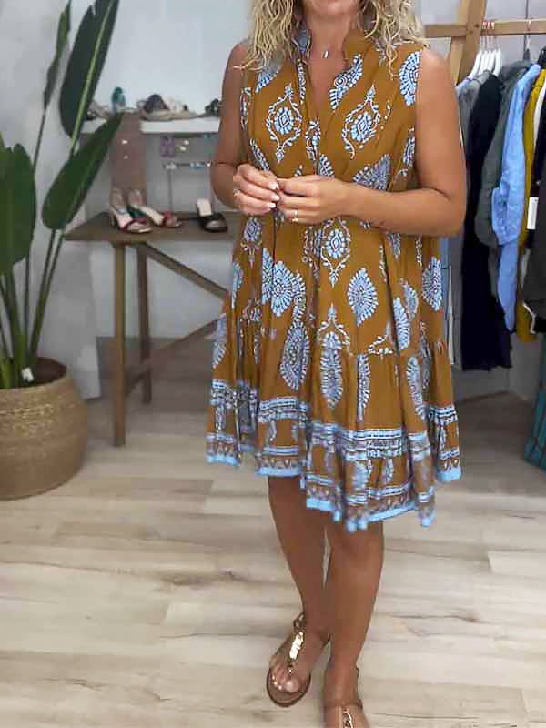 Seraphine Caldwell | Boho Print Mustard Sleeveless Tiered Mini Dress