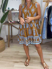 Seraphine Caldwell | Boho Print Mustard Sleeveless Tiered Mini Dress