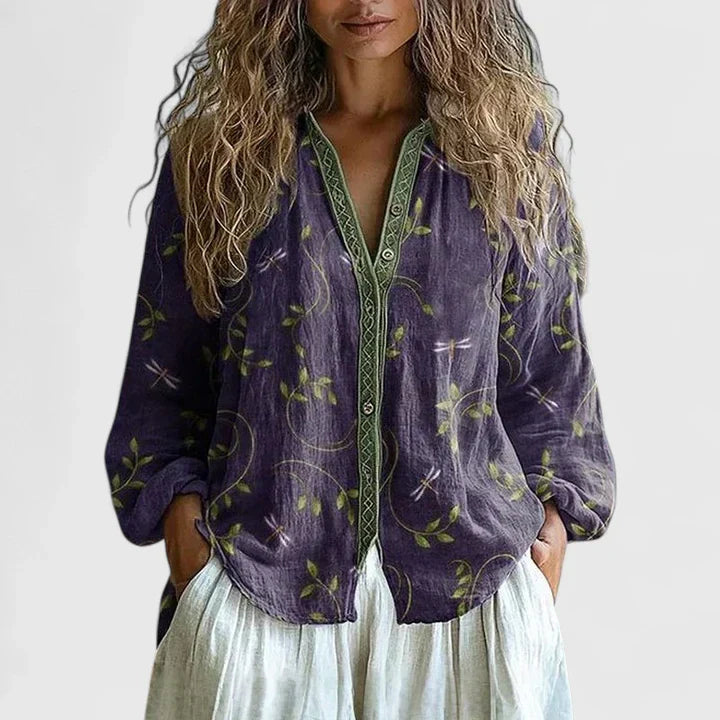 Floriane Deschênes | Boho Floral Print Long Sleeve Blouse in Green