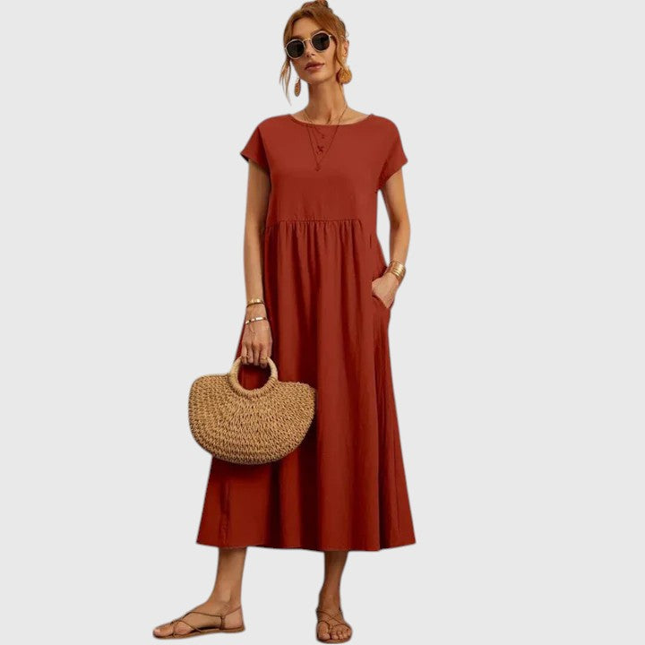 Théodeline Whitmore | Navy Blue Cap Sleeve Midi Dress with Pockets