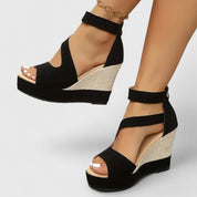 Céleste Wyndmoor | Black Wedge Sandals with Elastic Straps