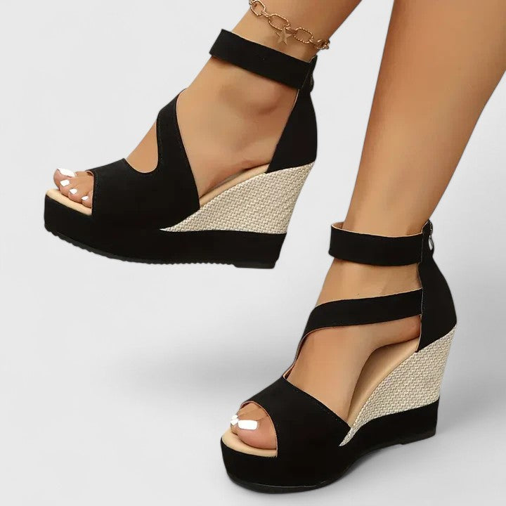 Céleste Wyndmoor | Black Wedge Sandals with Elastic Straps