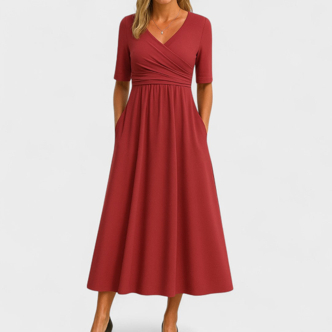 Francine Delvaux | Grey V-Neck Midi Dress with Pockets