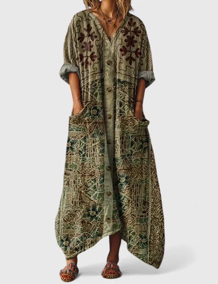 Eleonore Castlewood | Bohemian Ethnic Print Maxi Dress with Pockets