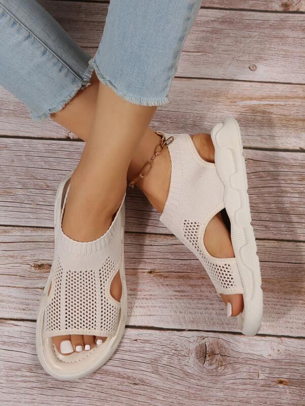Vivienne Fontblanche | Cream Knit Platform Open Toe Slip-On Sandals