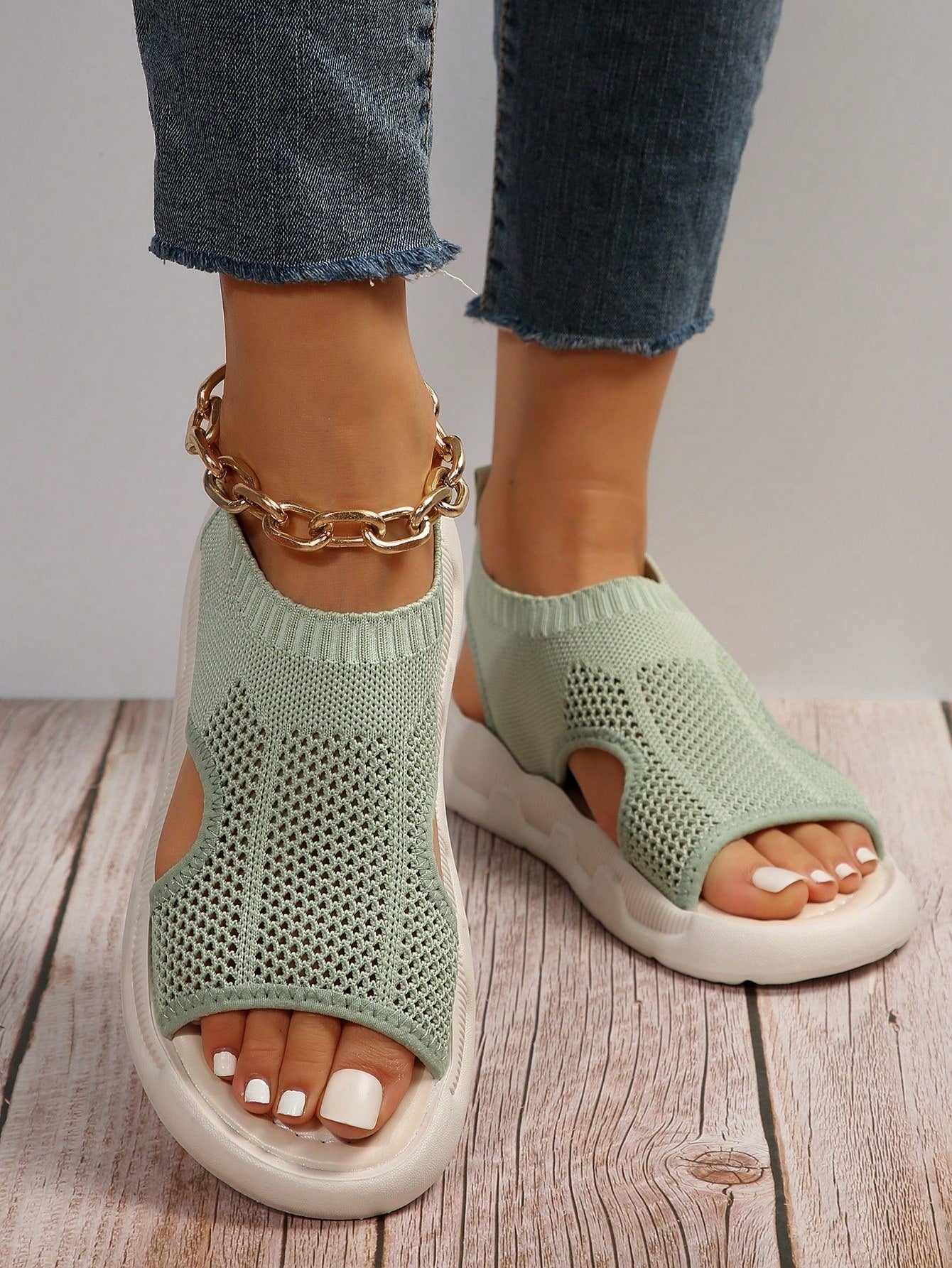 Vivienne Fontblanche | Cream Knit Platform Open Toe Slip-On Sandals