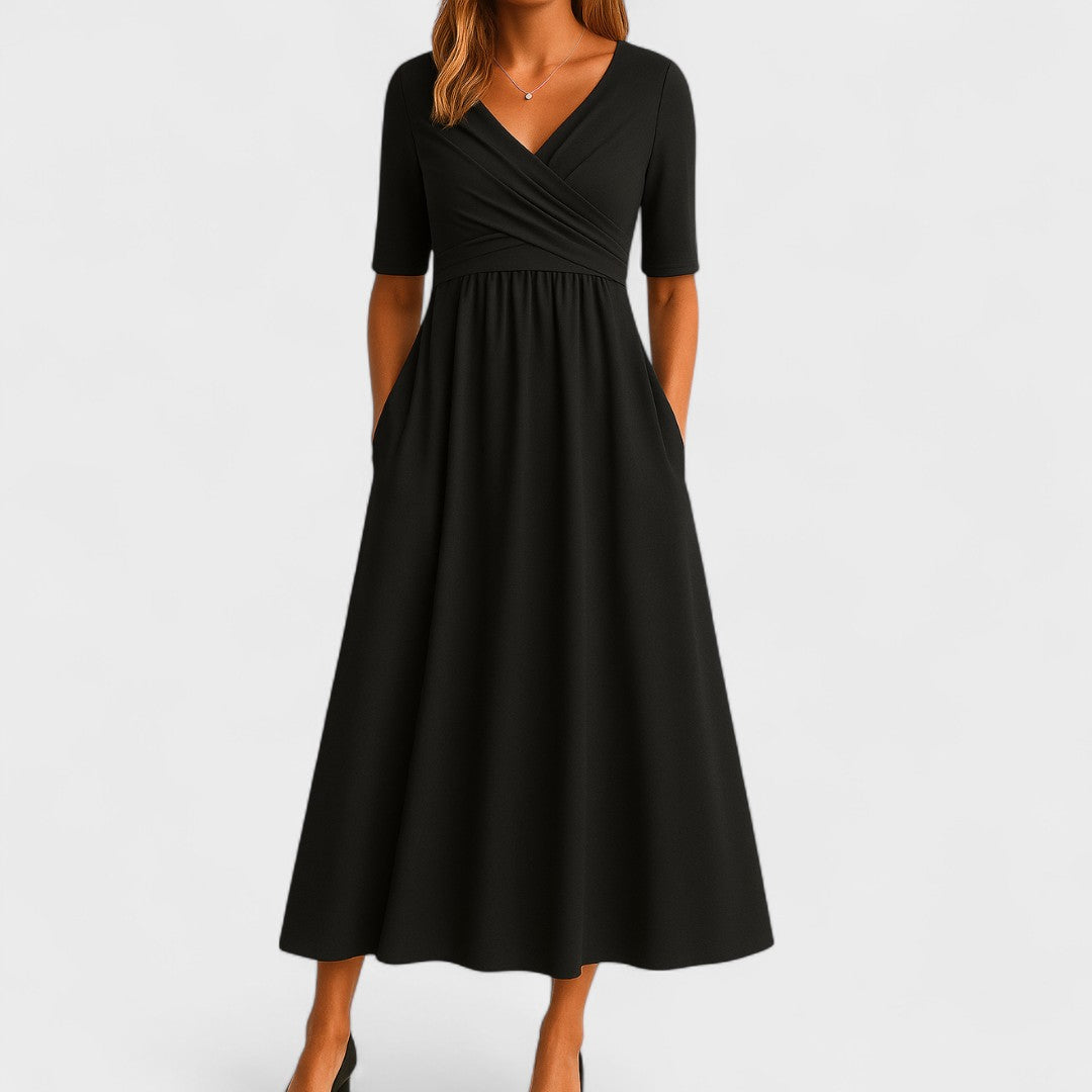Francine Delvaux | Grey V-Neck Midi Dress with Pockets