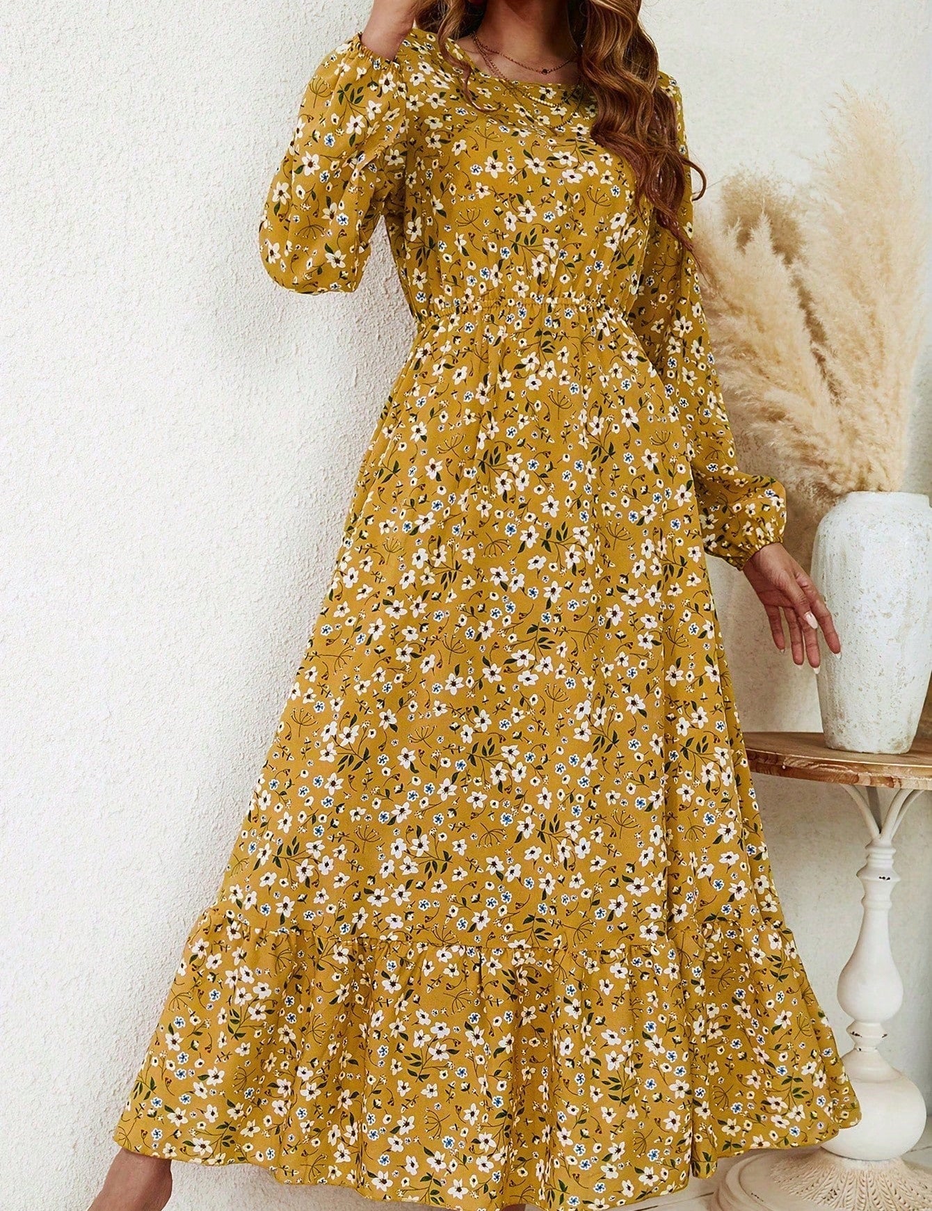 Delphine Ravenscourt | Floral Print Bishop Sleeve Smocked Waist Maxi Dress