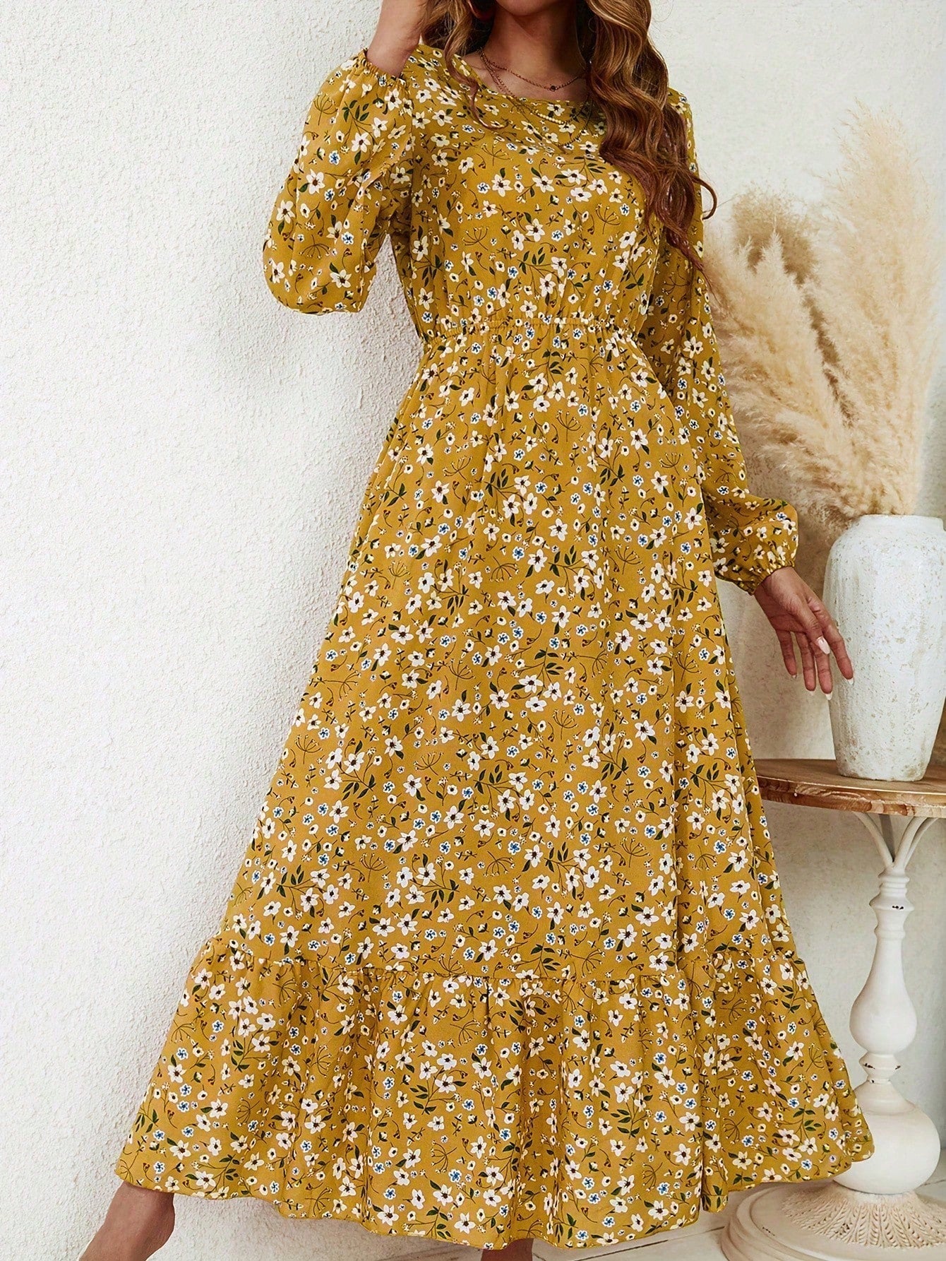 Delphine Ravenscourt | Floral Print Bishop Sleeve Smocked Waist Maxi Dress