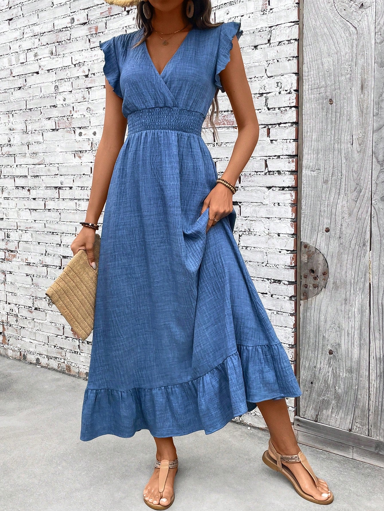 Céleste Fontmoreau | Blue V-Neck Smocked Waist Ruffle Hem Maxi Dress