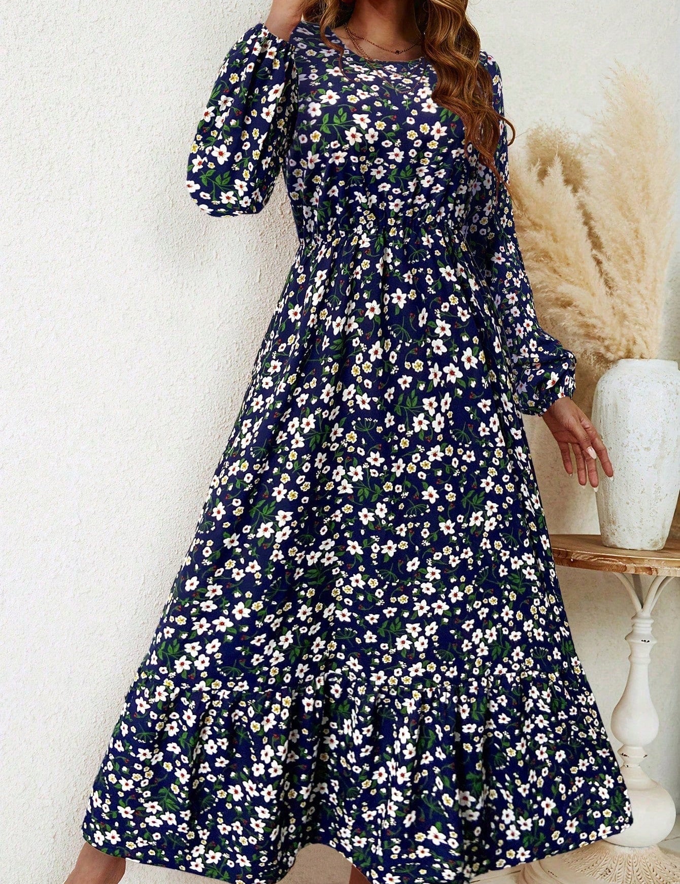 Delphine Ravenscourt | Floral Print Bishop Sleeve Smocked Waist Maxi Dress