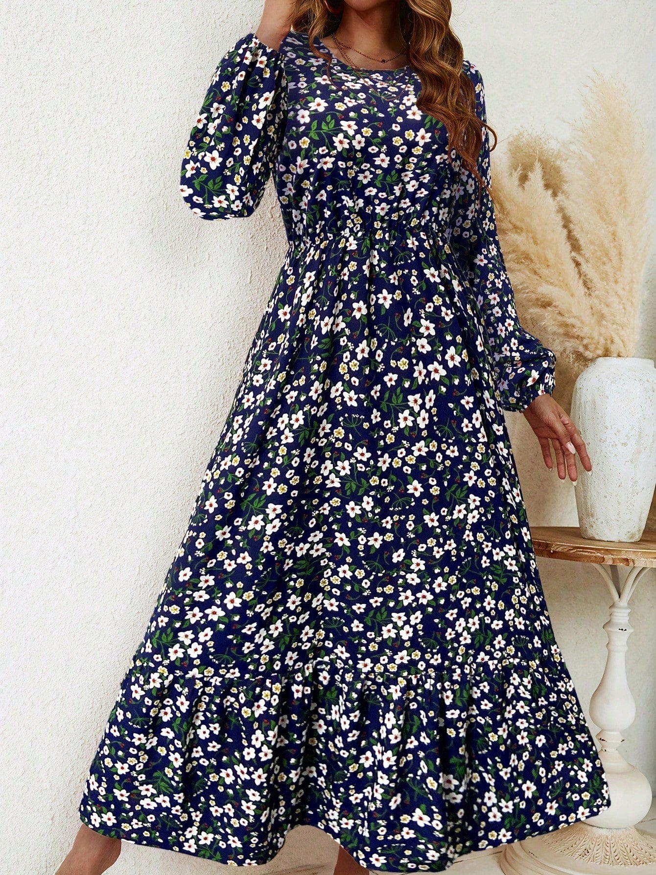 Delphine Ravenscourt | Floral Print Bishop Sleeve Smocked Waist Maxi Dress