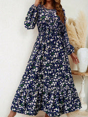 Delphine Ravenscourt | Floral Print Bishop Sleeve Smocked Waist Maxi Dress